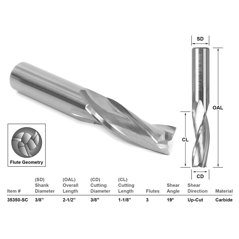 Low Helix Up Cut CNC Router Bit 3 Flute 3/8" Dia. X 1 1/4"