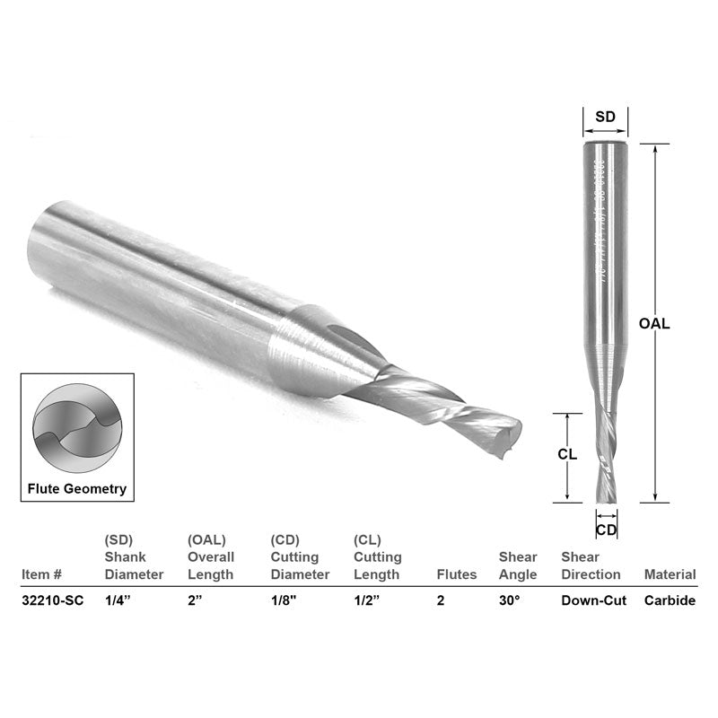 CNC Router Bit Down Cut Solid Carbide 1/8" X 1/2" X 1/4" X 2"