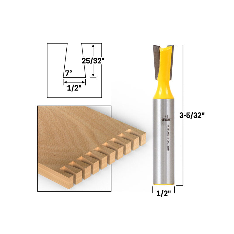 7° X 1/2" Dovetail 1/2" Shank Router Bit