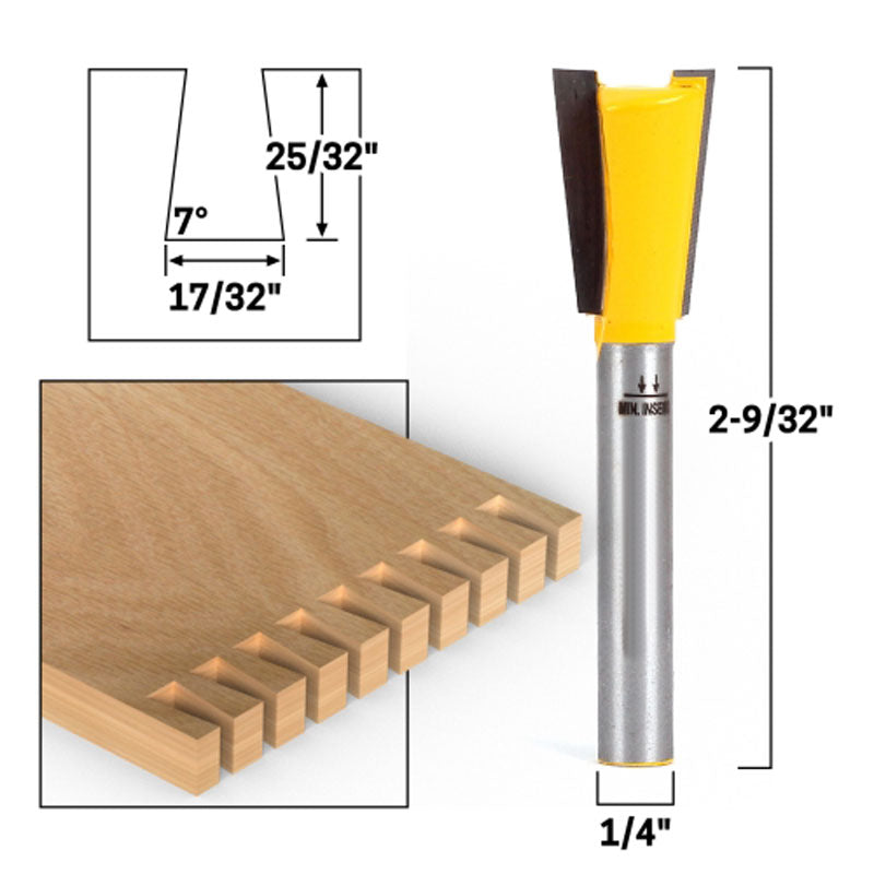 7° X 17/32" Dovetail 1/4" Shank Router Bit