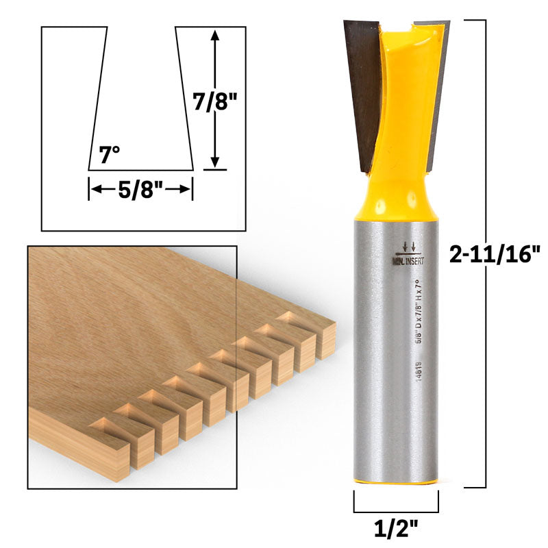 7° X 5/8" Dovetail 1/2" Shank Router Bit