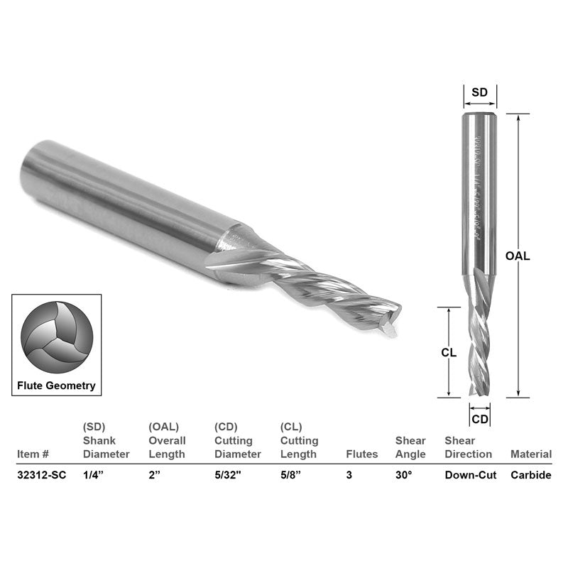 Down Cut 3 Flute 5/32" Dia. X 5/8" CNC Router Bit