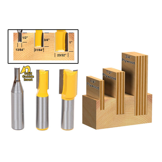 3 Bit Undersized Dado Router Bit Set For 3/4" 1/2" & 1/4" Plywood