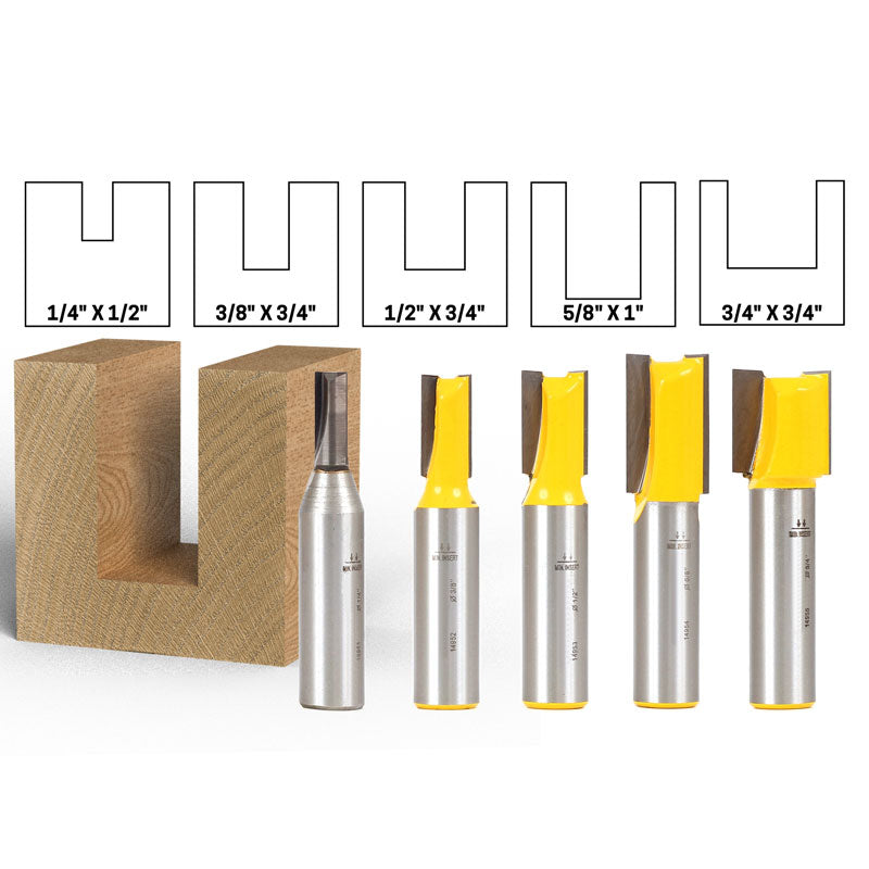 5 Bit Straight 1/2" Shank Router Bit Set