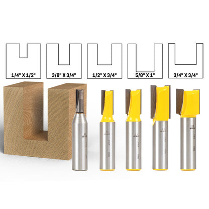 5 Bit Straight 1/2" Shank Router Bit Set