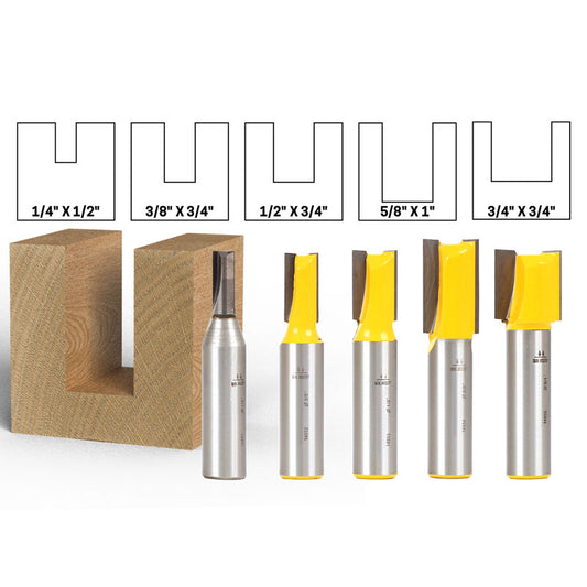 5 Bit Straight 1/2" Shank Router Bit Set