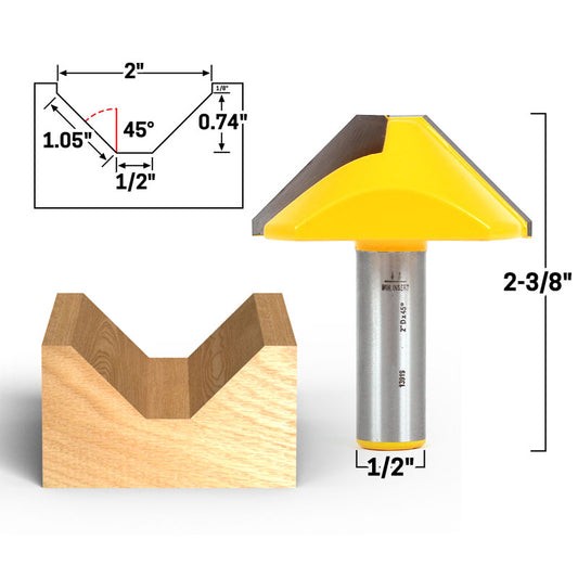 2" Diameter 45° V Groove Flat Bottom 1/2" Shank Router Bit