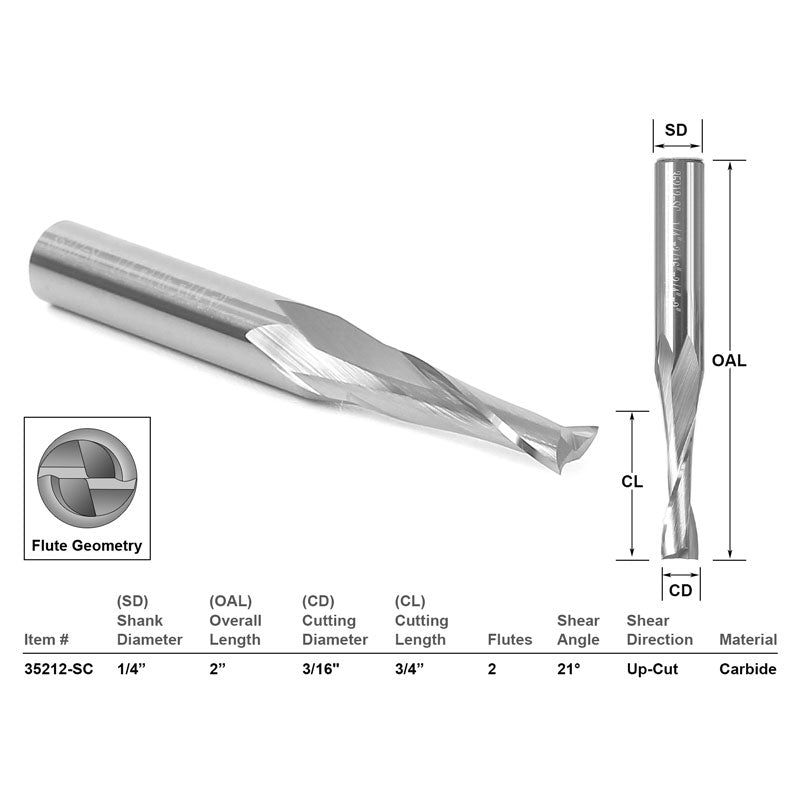 Low Helix Up Cut 2 Flute 3/16" Dia. X 3/4" CNC Router Bit