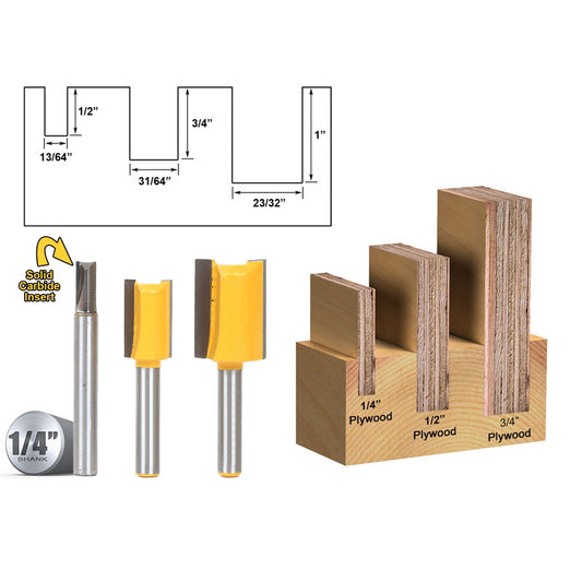 3 Bit Undersized Dado Router Bit Set For 3/4" 1/2" & 1/4" Plywood