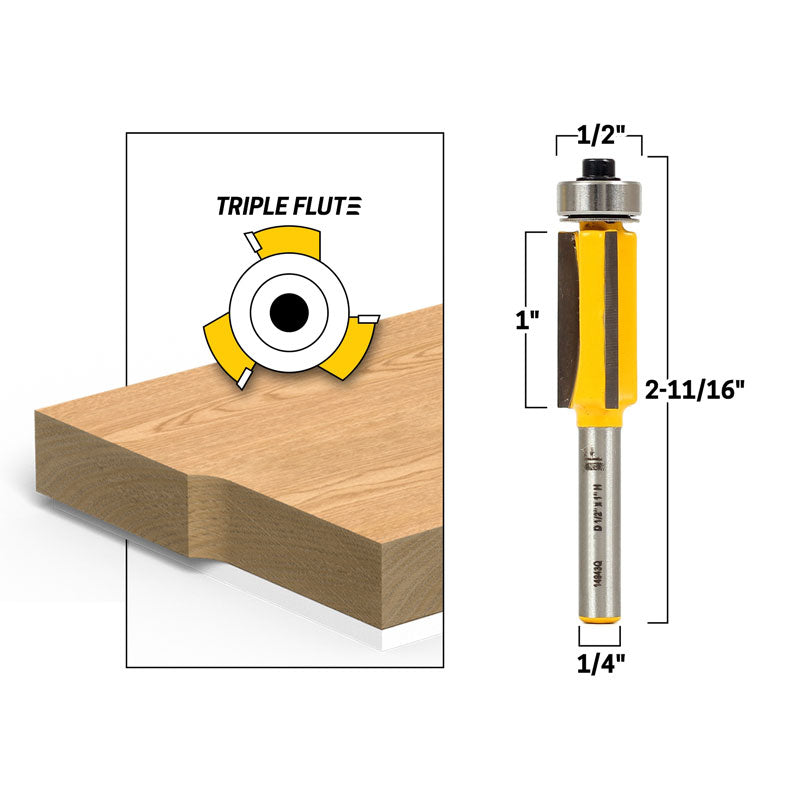 1" Triple Flute X 1/2" Diameter Flush Trim 1/4" Shank Router Bit