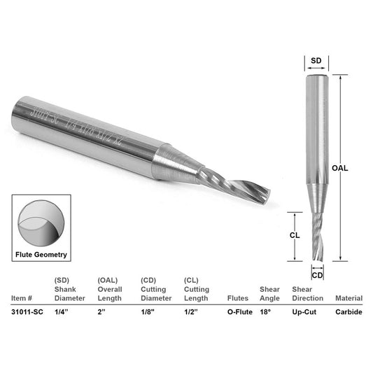 1/8" Dia. O Flute Upcut Spiral End Mill 1/4" Shank CNC Router Bit