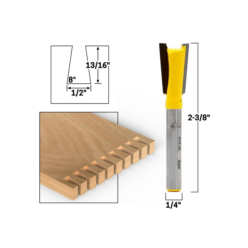 8° X 1/2" Dovetail 1/4" Shank Router Bit