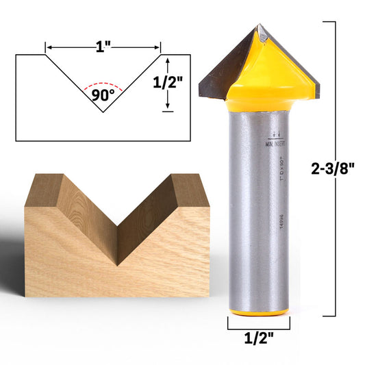 90 Degree X 1" Diameter V Groove 1/2" Shank Router Bit