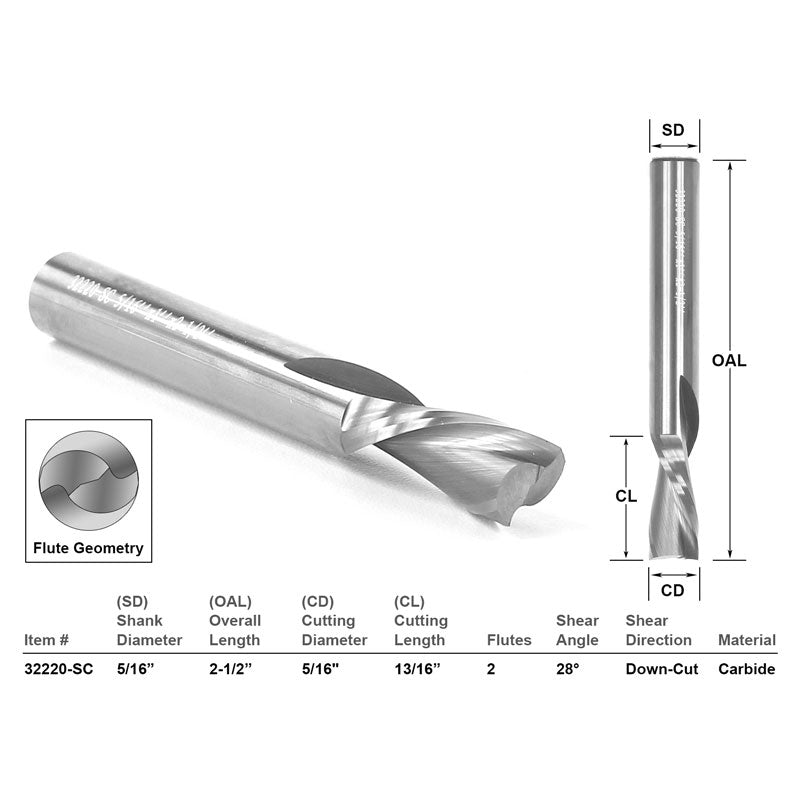 Down Cut Solid Carbide End Mill CNC Router Bit 5/16" X 13/16"