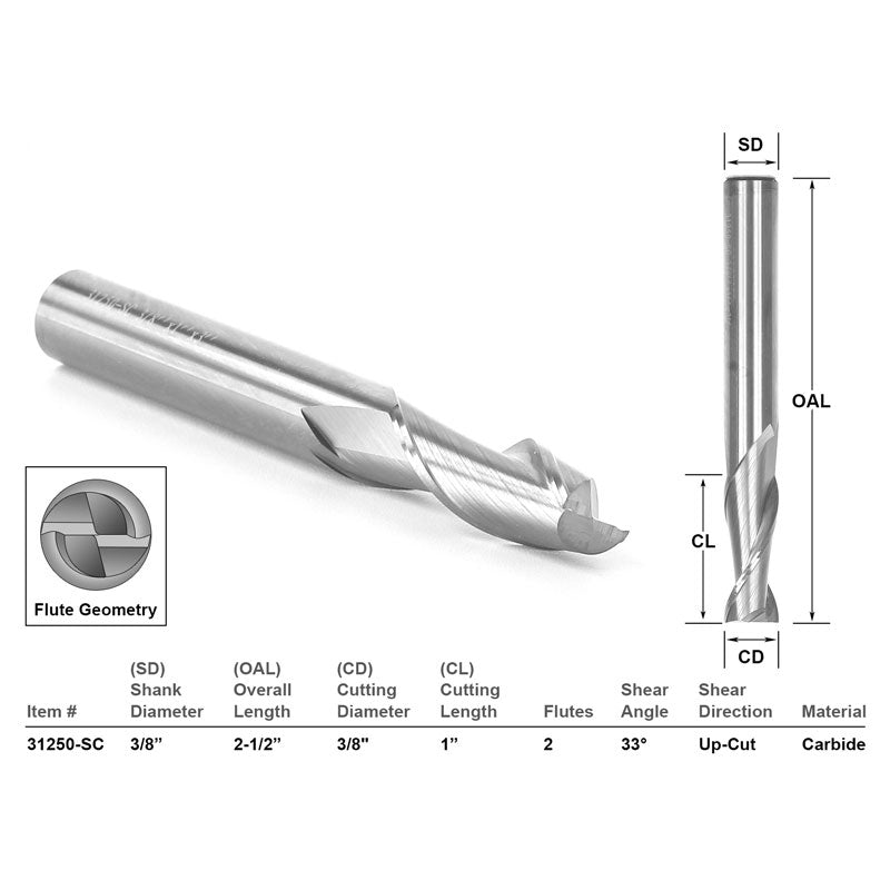 Up Cut Solid Carbide CNC Router Bit 3/8" X 1" X 3/8" X 2 1/2"