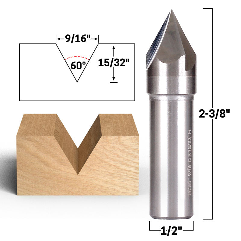 60 Degree V Groove Solid Carbide 1/2" Shank Router Bit