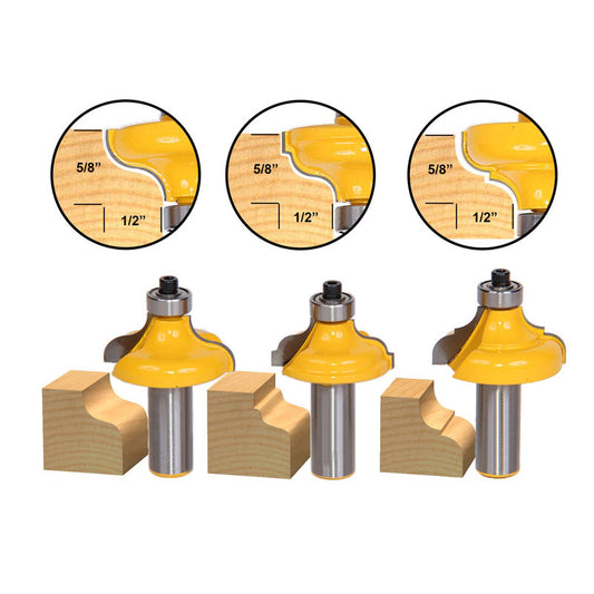 3 Bit Edge Molding 1/2" Shank Router Bit Set Ogee