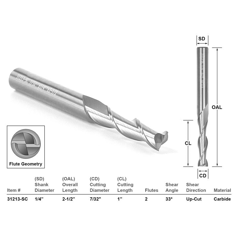 Up Cut Solid Carbide 7/32" X 1" X 1/4" X 2 1/2" CNC Router Bit