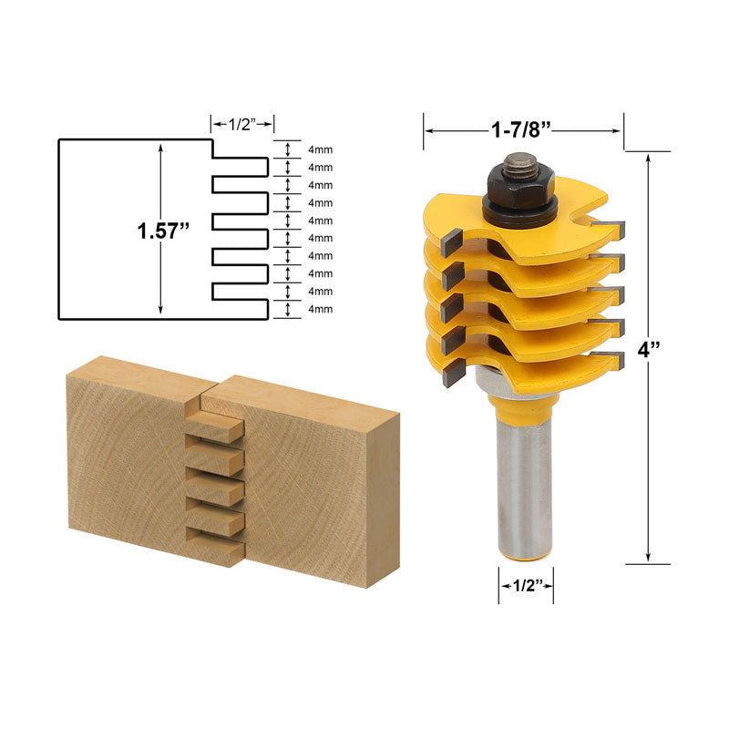 Box Joint Router Bit 1/2" Shank Adjustable 5 Blade 3 Flute