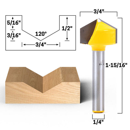 V Groove Large 3 Bit Set 1/4" Shank Router Bit