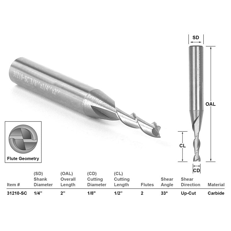 Up Cut Solid Carbide 1/8" X 1/2" X 1/4" X 2" CNC Router Bit