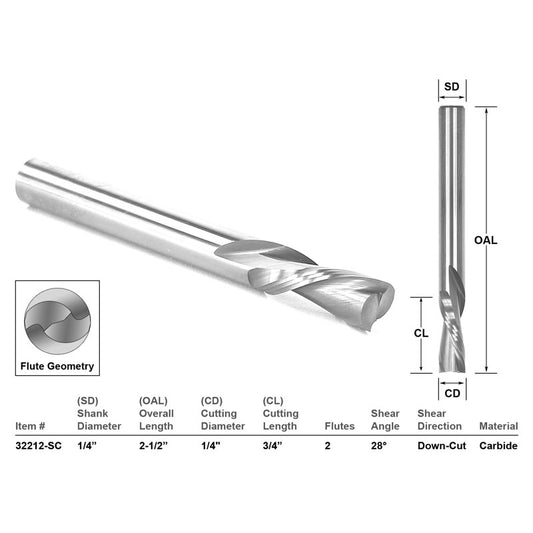 Down Cut Solid Carbide 1/4"X 3/4" X 1/4" X 2 1/2" CNC Router Bit