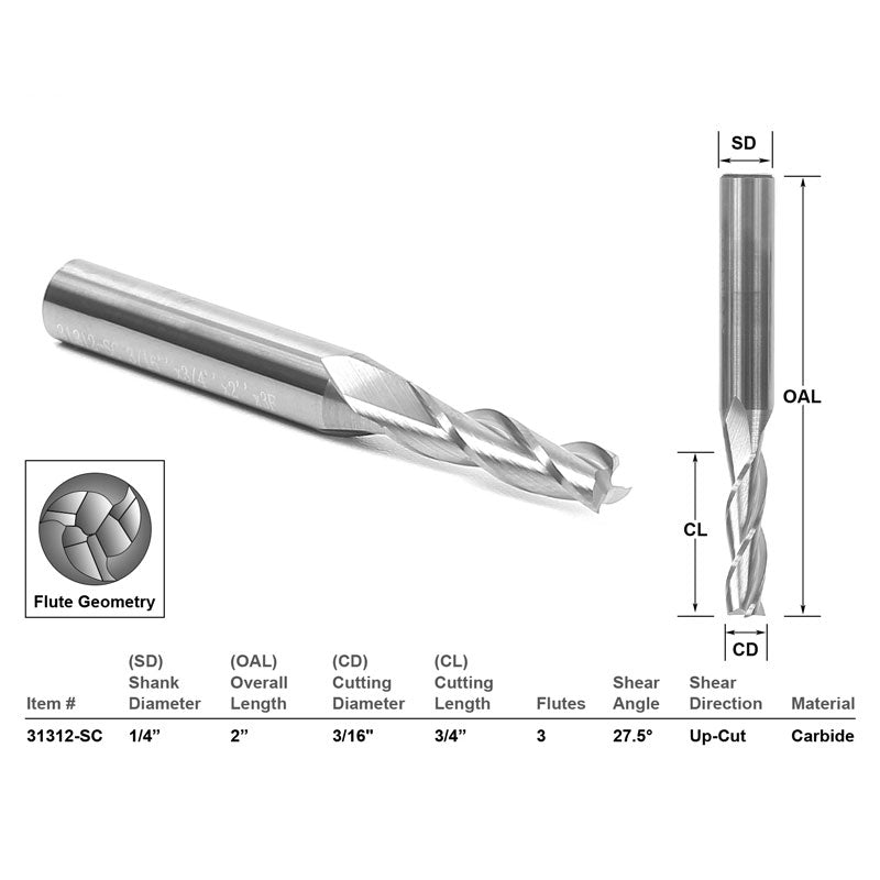 Up Cut Solid Carbide 3/16" X 3/4" X 1/4" X 2" CNC Router Bit