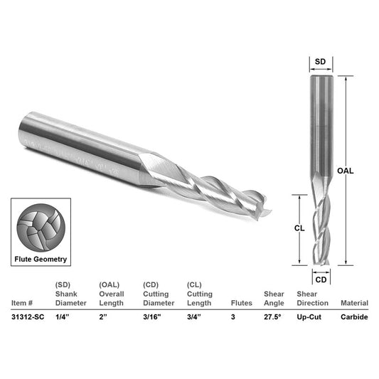 Up Cut Solid Carbide 3/16" X 3/4" X 1/4" X 2" CNC Router Bit