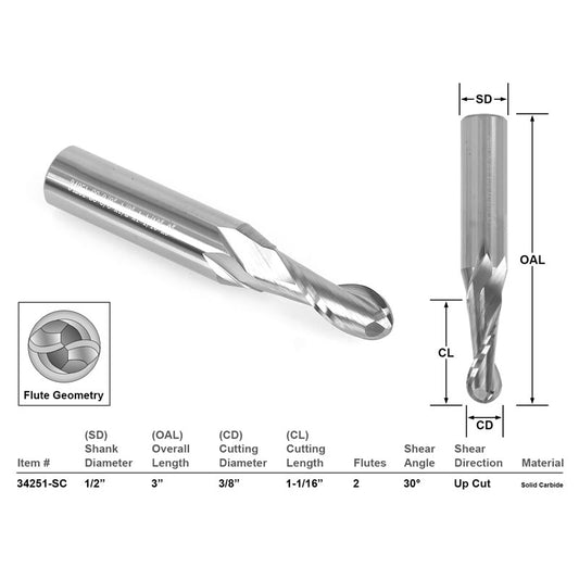 Ball Nose Solid Carbide 3/8" X 1 1/16" X 1/2" X 3" CNC Router Bit