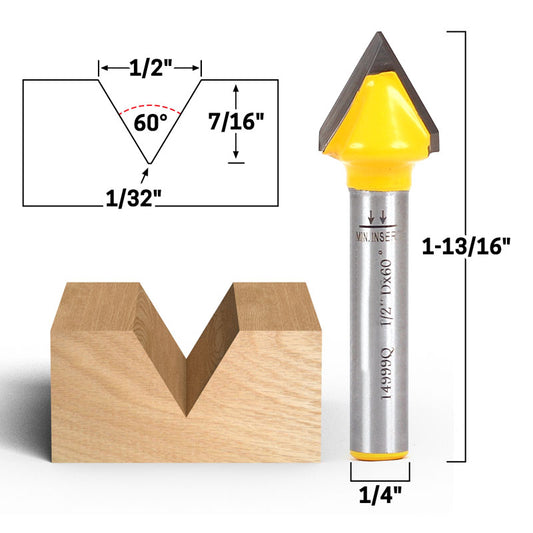 60 Degree X 1/2" Diameter V Groove Flat Bottom 1/4" Shank Router Bit