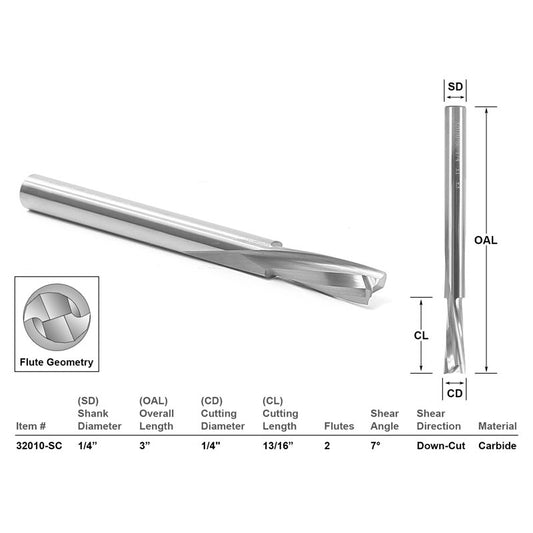 Low Helix Down Cut Long Reach CNC Router Bit 1/4" X 13/16"