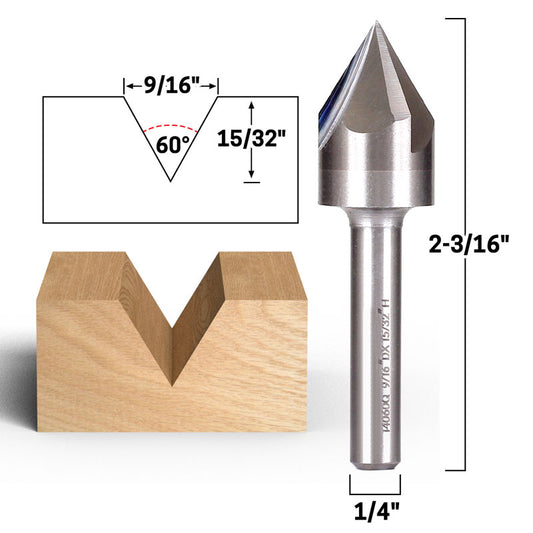 60 Degree V Groove Solid Carbide 1/4" Shank Router Bit