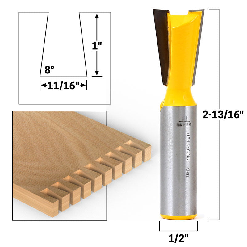 8° X 11/16" Dovetail 1/2" Shank Router Bit