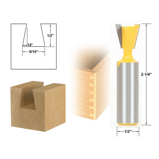 14° 9/16" Dovetail Joint 1/2" Shank Router Bit