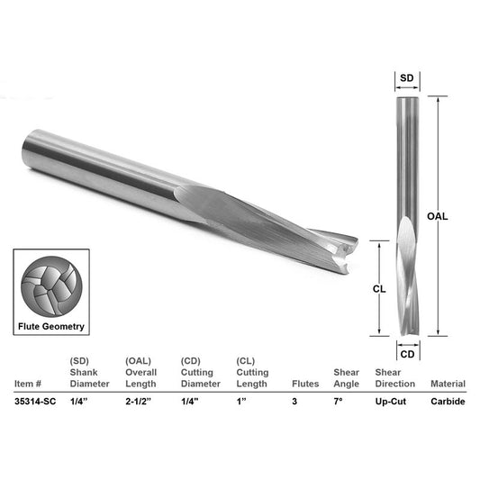 Low Helix Up Cut 1/4" X 1" X 1/4" X 2 1/2" CNC Router Bit