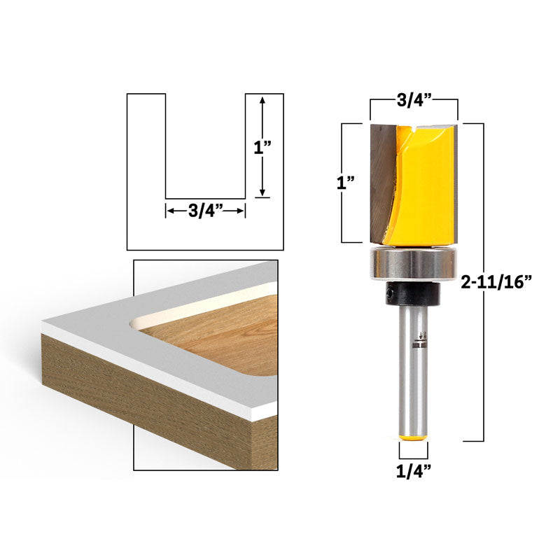 4 Bit 3/4" Diameter Flush Trim Template 1/4" Shank Router Bit Set