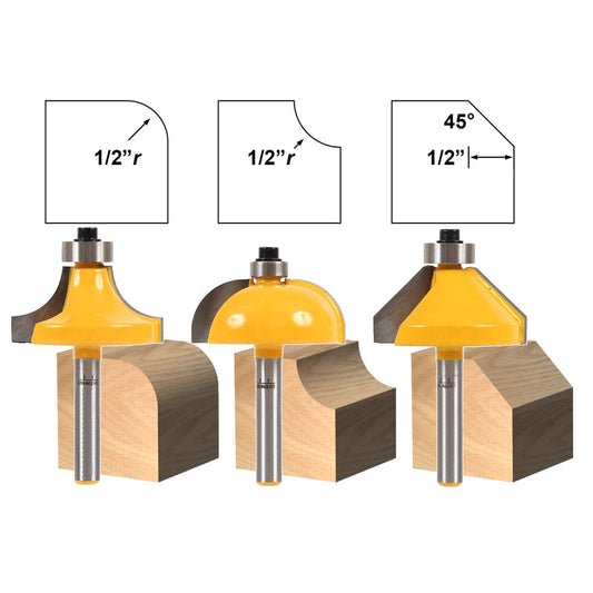 3 Bit Edging Router Bit Set Large Round over Cove and Chamfer