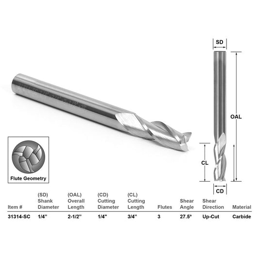 Up Cut Solid Carbide 1/4" X 3/4" X 1/4" X 2 1/2" CNC Router Bit