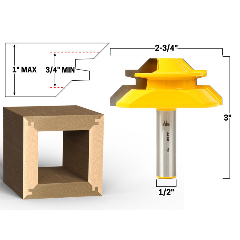 45 Degree Up to 1" Stock Lock Miter 1/2" Shank Router Bit