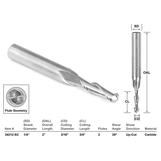 Ball Nose Solid Carbide 3/16" X 3/4" X 1/4" X 2" CNC Router Bit