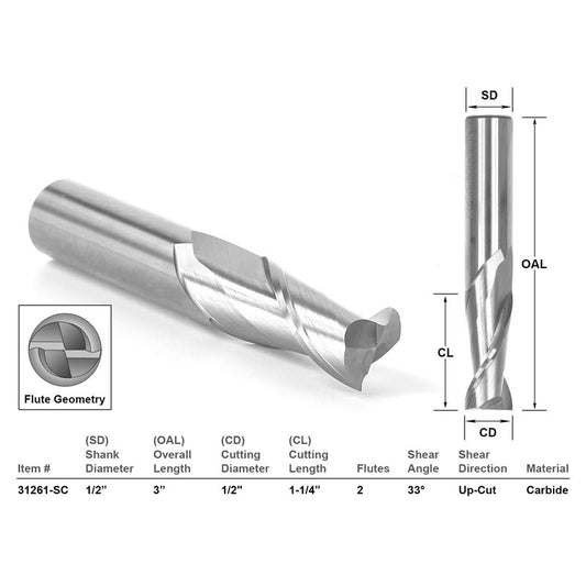 1/2" X 1 1/4" X 1/2" X 3" CNC Router Solid Carbide Upcut Bit