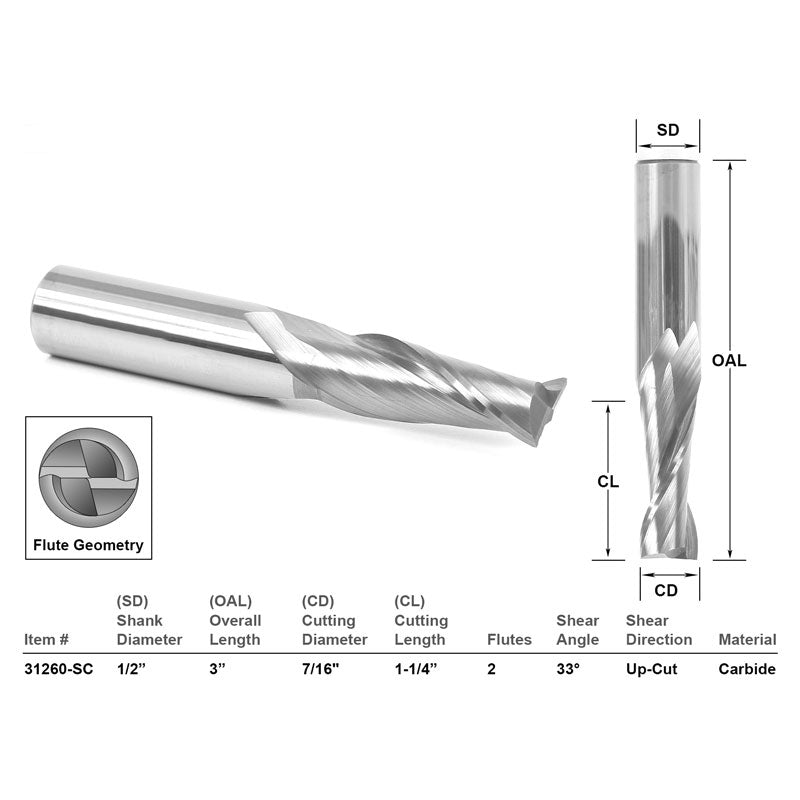 Up Cut Solid Carbide 7/16" X 1 1/4" X 1/2" X 3" CNC Router Bit