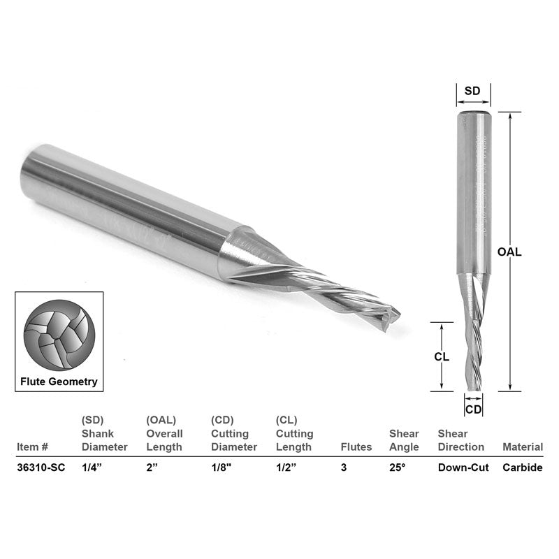 Low Helix Down Cut 1/8" X 1/2" X 1/4" X 2" CNC Router Bit